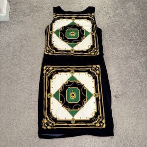 LRL Ralph Lauren Sheath Dress Size 10 Green Navy Gold Chain Scarf Print Stretch
